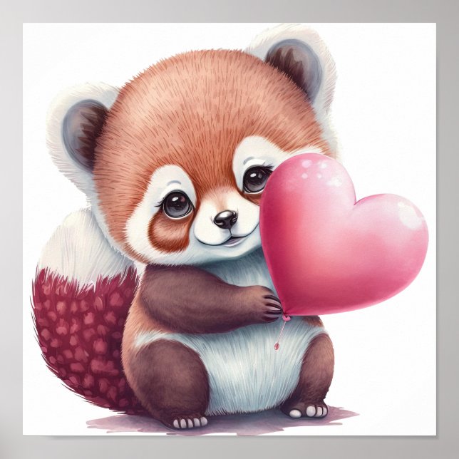 Poster Panda rouge avec coeur de ballon. (Devant)