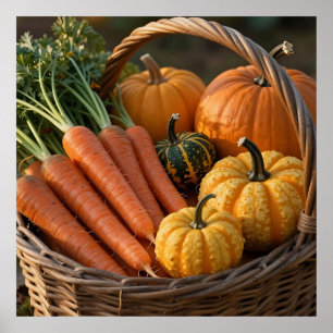 Poster Panier de récolte rustique citrouilles carottes