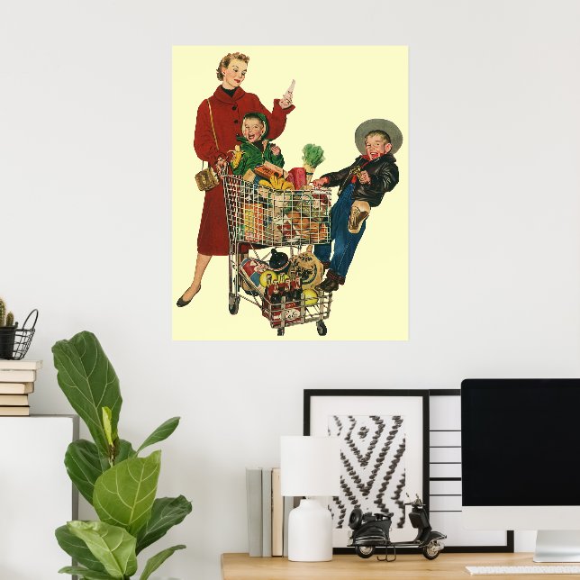 Poster Panier d'épicerie Retro Family, Mom and Kids (Bureau à domicile)