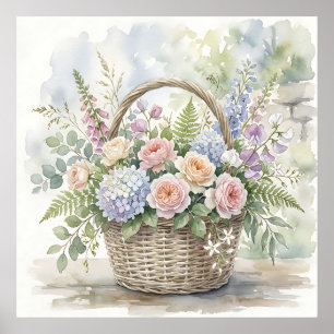 Poster Panier floral aquarelle avec roses et hortensias