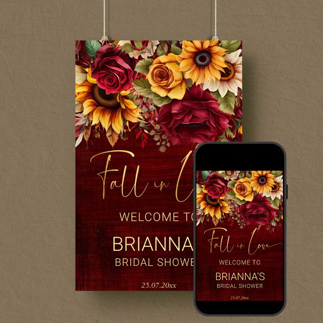 Poster Panne d'accueil pour la nuptiale d'automne (Fall in love bridal shower burgundy welcome sign editable template poster digital download)