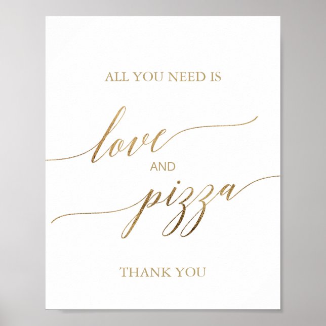 Poster Panneau Amour et Pizza en Calligraphie Dorée Éléga (Devant)