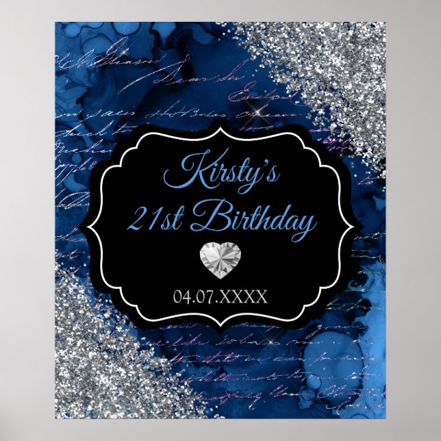 Poster Panneau Anniversaire Glitter Sirène Bleue Argent (Devant)