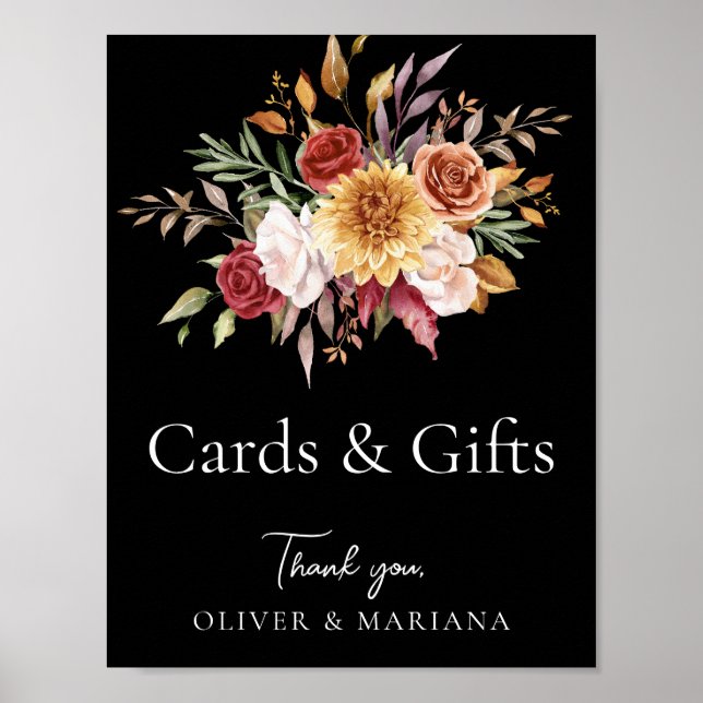 Poster Panneau Automne Floral Noir Mariage Cartes & Cadea (Devant)