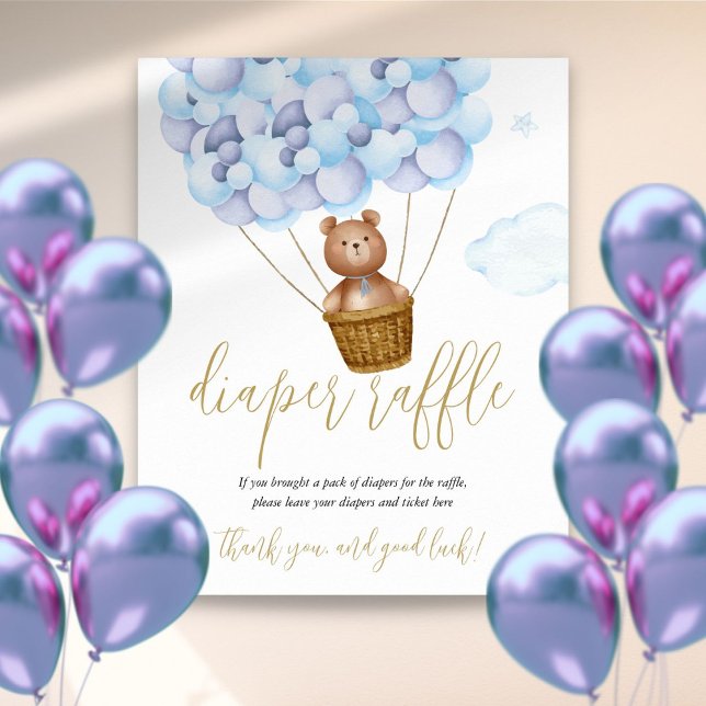 Poster Panneau Baby shower bleu de l'ours en peluche (Diaper Raffle Teddy Bear Blue Baby Shower Sign)