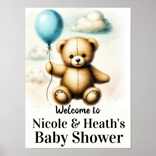 Poster Panneau Baby shower Bleu Ours Teddy (Devant)