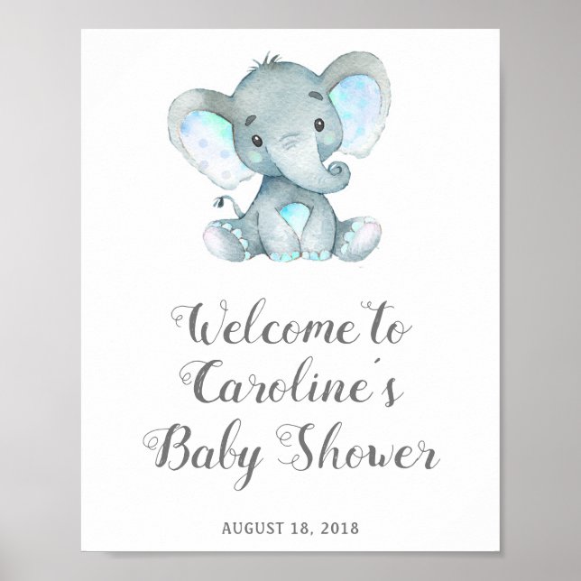 Poster Panneau Baby shower Blue Elephant, Baby shower Saf (Devant)