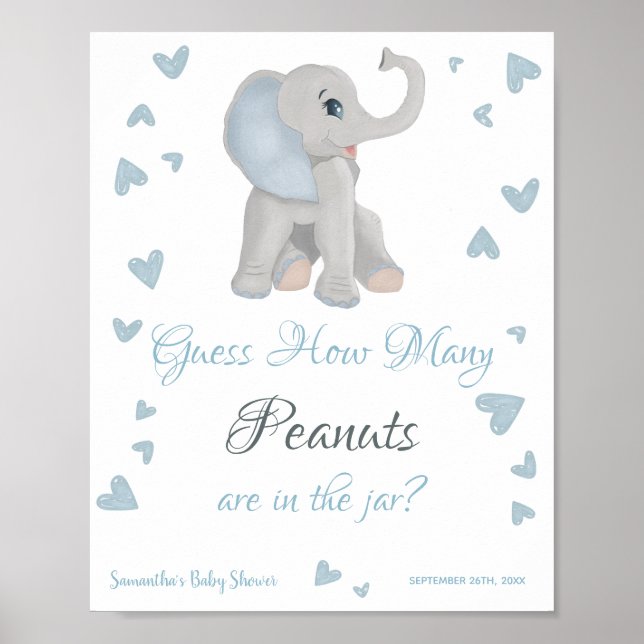 Poster Panneau Baby shower Blue Elephant Combien d'arachi (Devant)