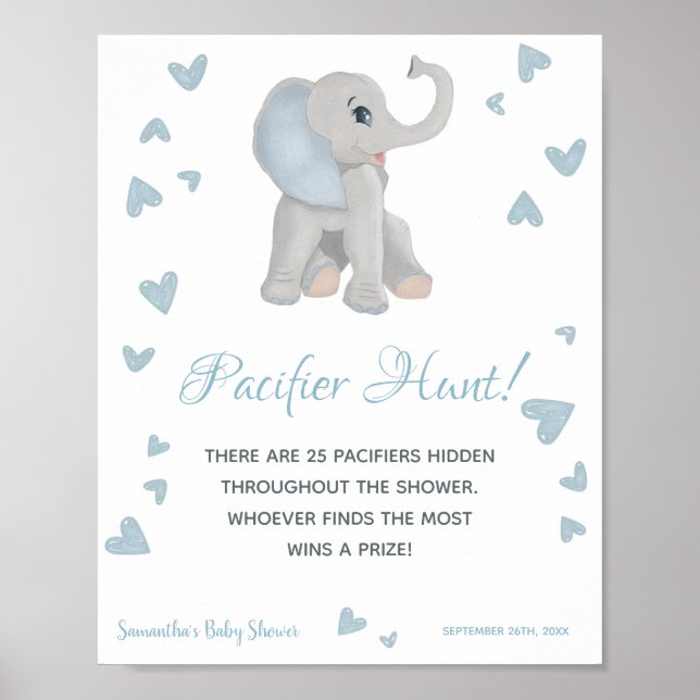 Poster Panneau Baby shower Blue Elephant Pacifier Chasse (Devant)