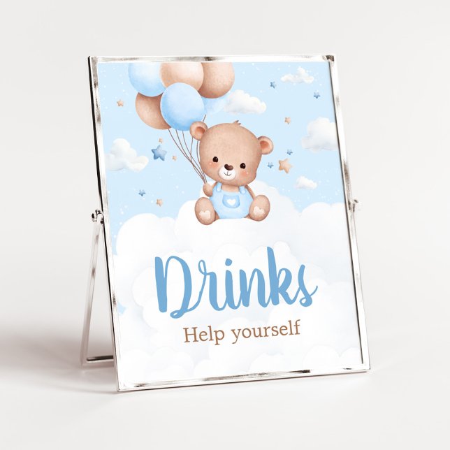 Poster Panneau Baby shower de boisson Blue Teddy Bear (Blue Boy Teddy Bear Clouds Balloon Baby Shower Sign)