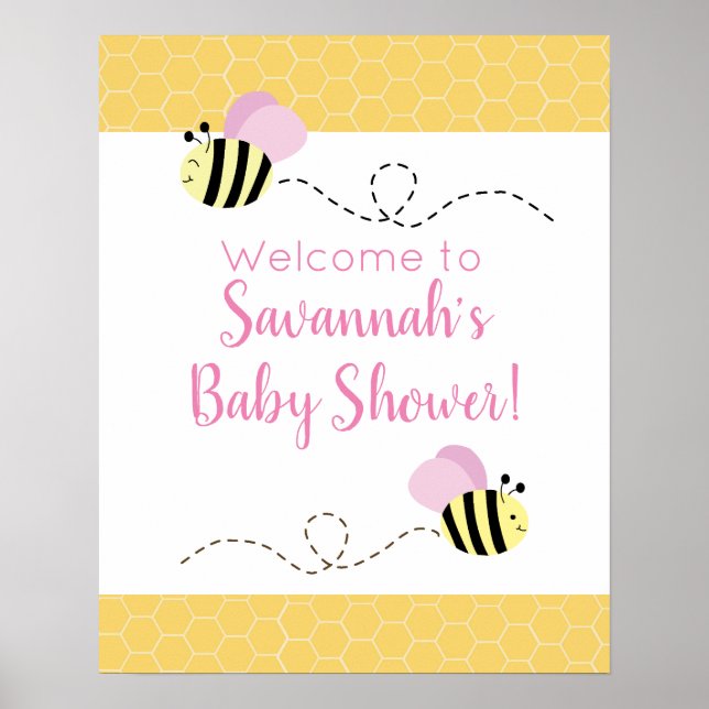Poster Panneau Baby shower de la fille rose Bumble Bee (Devant)