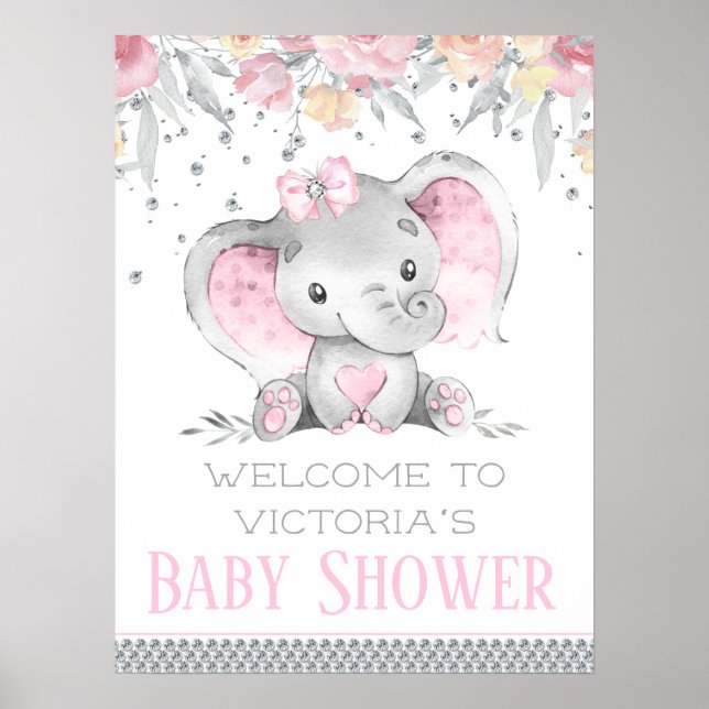 Poster Panneau Baby shower Eléphant fille (Devant)