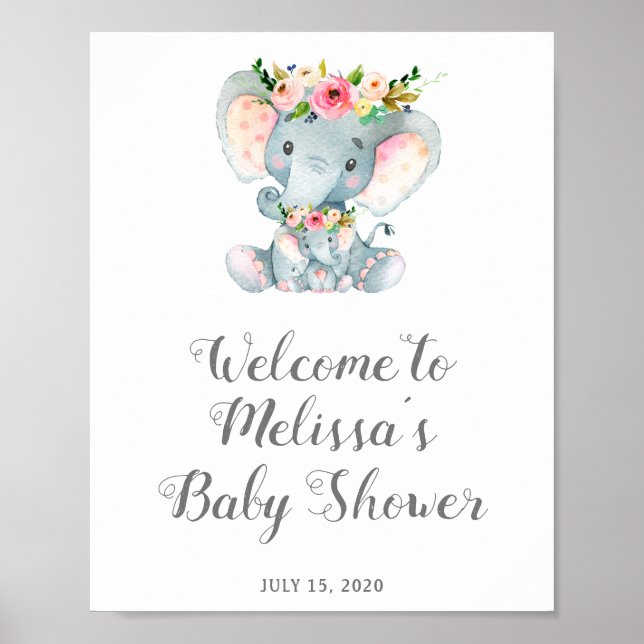 Poster Panneau Baby shower Eléphant Floral, Baby Girl Dou (Devant)