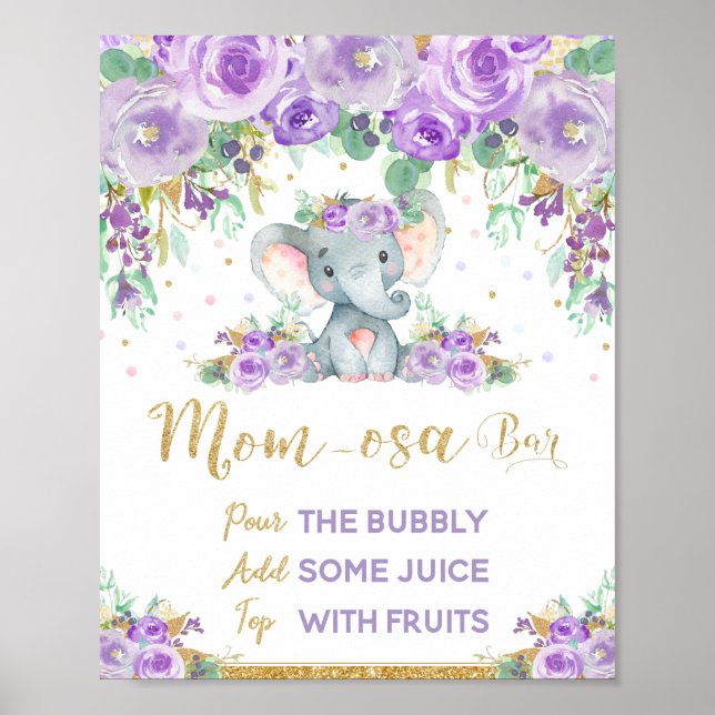 Poster Panneau Baby shower Eléphant Floral Violet Momosa  (Devant)