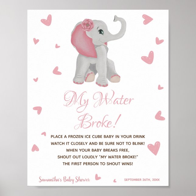 Poster Panneau Baby shower fille rose Mon Eau Broke Jeu (Devant)