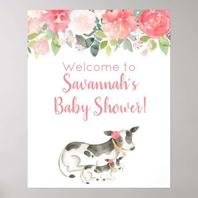 Poster Panneau Baby shower fille vaches d'aquarelle flora (Devant)