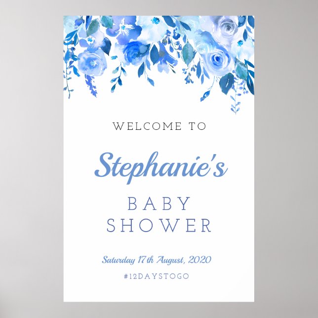 Poster Panneau baby shower floral bleu, accueil de Christ (Devant)