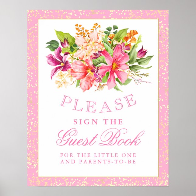 Poster Panneau baby shower Invité Livre Fleurs Bouquet Ro (Devant)