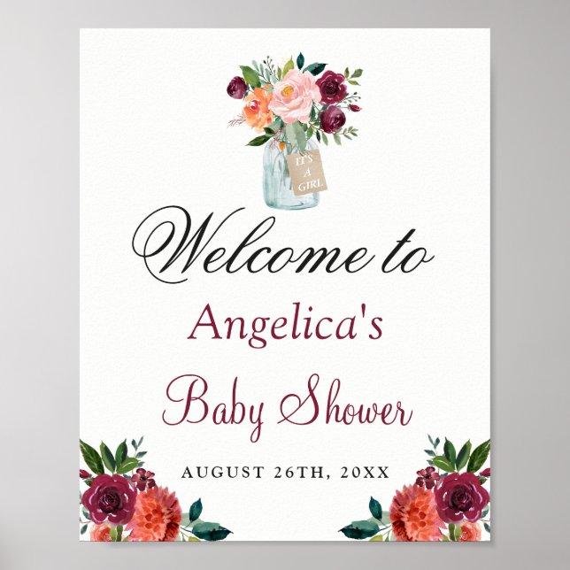 Poster Panneau Baby shower Mason Jar aux fleurs orange de (Devant)