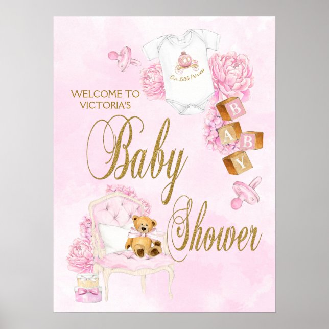 Poster Panneau Baby shower or rose Aquarelle fille (Devant)