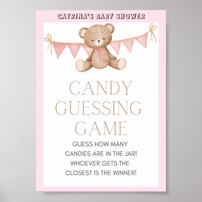 Poster Panneau Baby shower Ours en Teddy Rose (Devant)