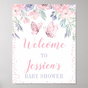 Poster Panneau Baby shower papillon rose pourpre