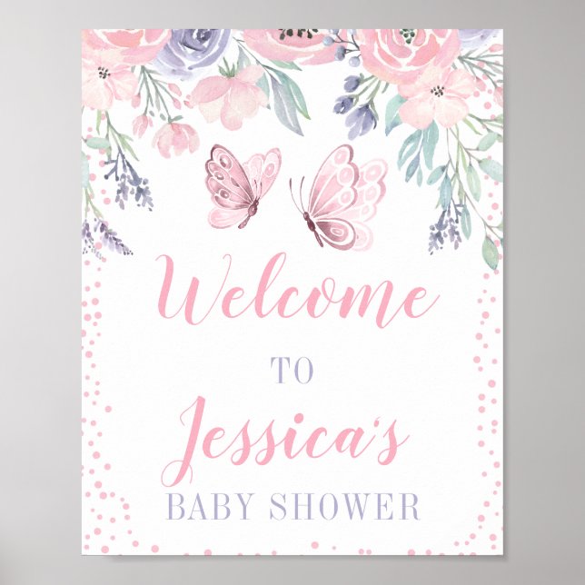 Poster Panneau Baby shower papillon rose pourpre (Devant)