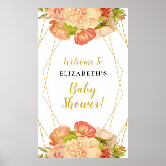 Poster Panneau Baby shower Peach Gold Watercolor Flowers