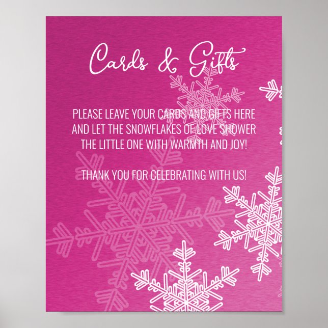 Poster Panneau baby shower Pink Snowflakes Cartes et cade (Devant)