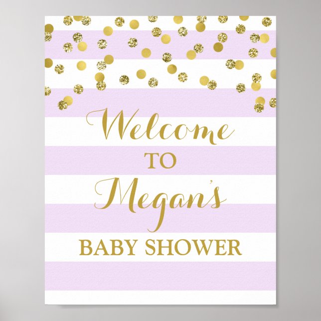 Poster Panneau baby shower Purple Stripes Gold Confetti (Devant)