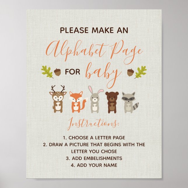 Poster Panneau Baby shower Woodland - Page Alphabet (Devant)
