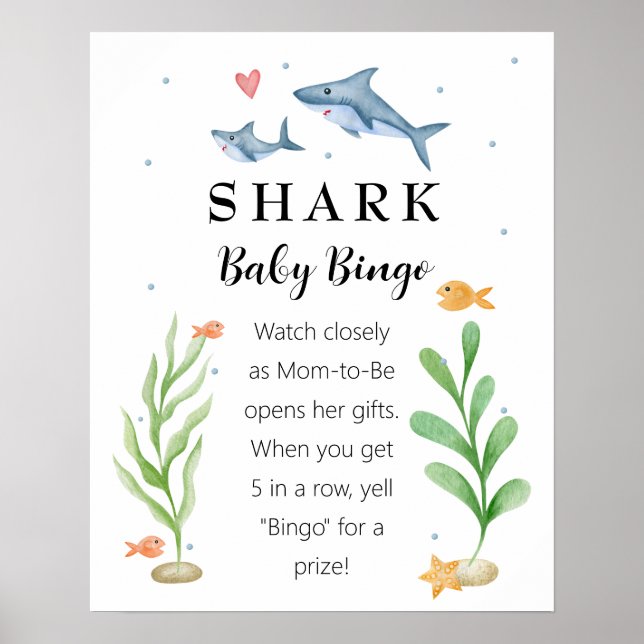 Poster Panneau Bingo Baby shower bébé requin (Devant)