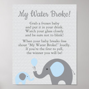 Poster Panneau Blue Elephant Baby shower My Water Broke J