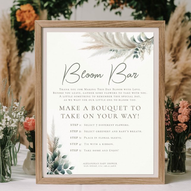 Poster Panneau Boho Pampas Sage Green Baby shower Bloom B (baby shower flower bar sign make your own bouquet pampas grass greenery boho chic)