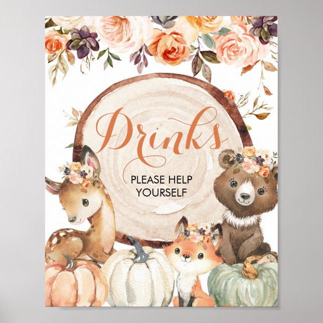 Poster Panneau Bois Automne Baby shower Boissons (Devant)