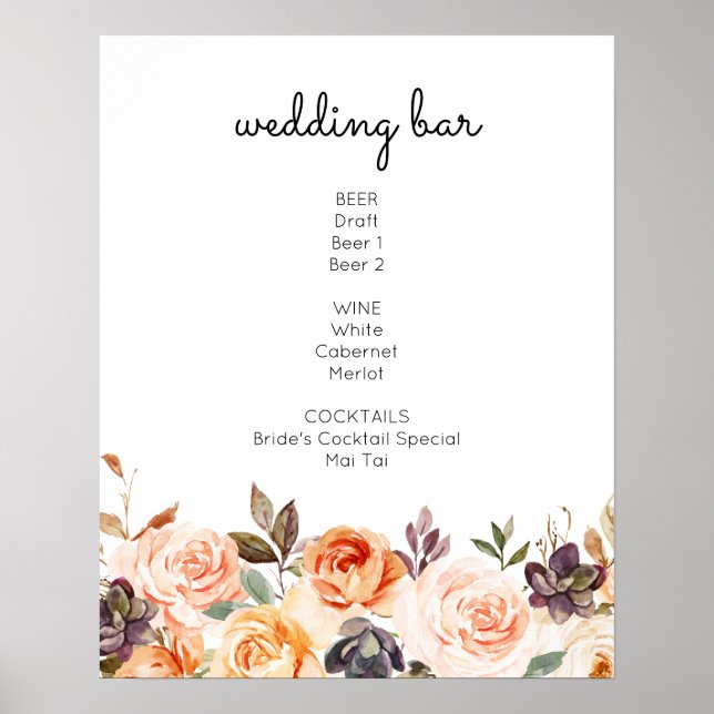 Poster Panneau Boissons à la barre florale Blush & Peach (Devant)