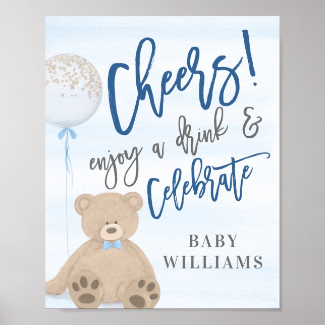 Poster Panneau Boy Teddy Bear Blue Balloon Boissons (Devant)