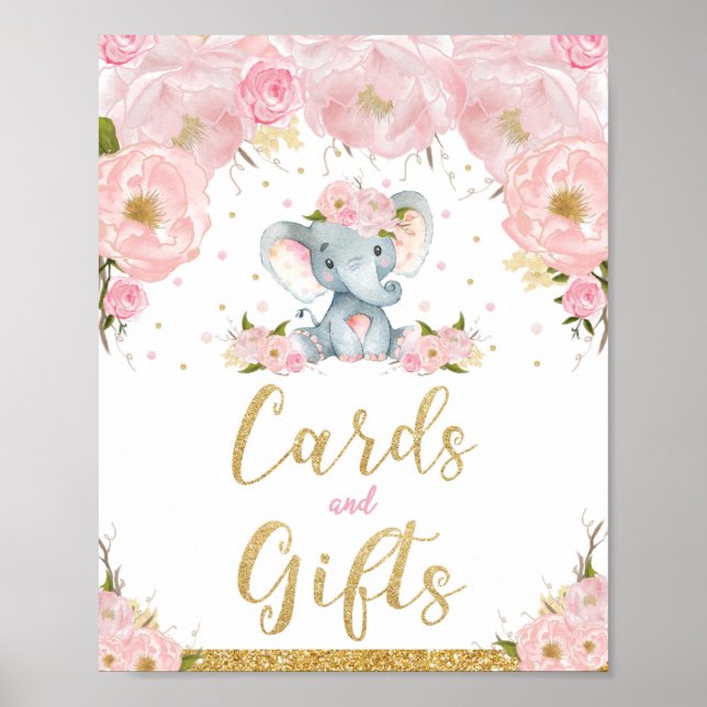 Poster Panneau Cadeaux Baby shower rose Floral Éléphant (Devant)