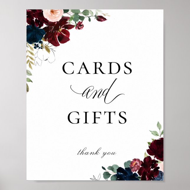 Poster Panneau Cadeaux bleu Bourgogne Blush Floral Carte (Devant)