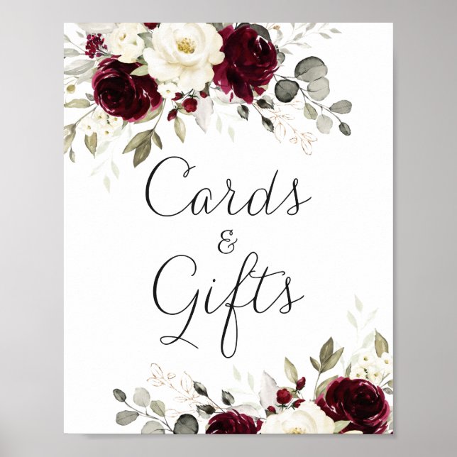 Poster Panneau Cadeaux Floral Bourgogne verte Cartes de M (Devant)