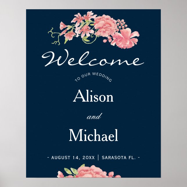Poster Panneau d'accueil de mariage rose floral (Devant)