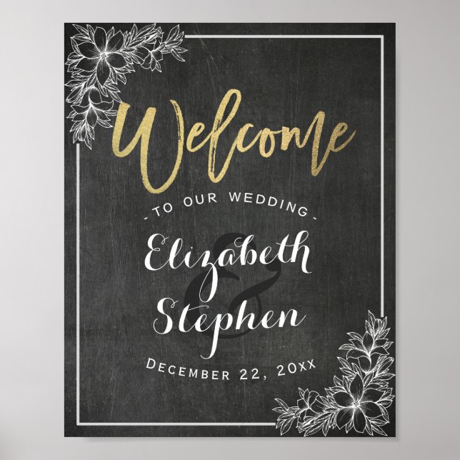 Poster Panneau d'accueil du Mariage Floral Chalkboard (Devant)