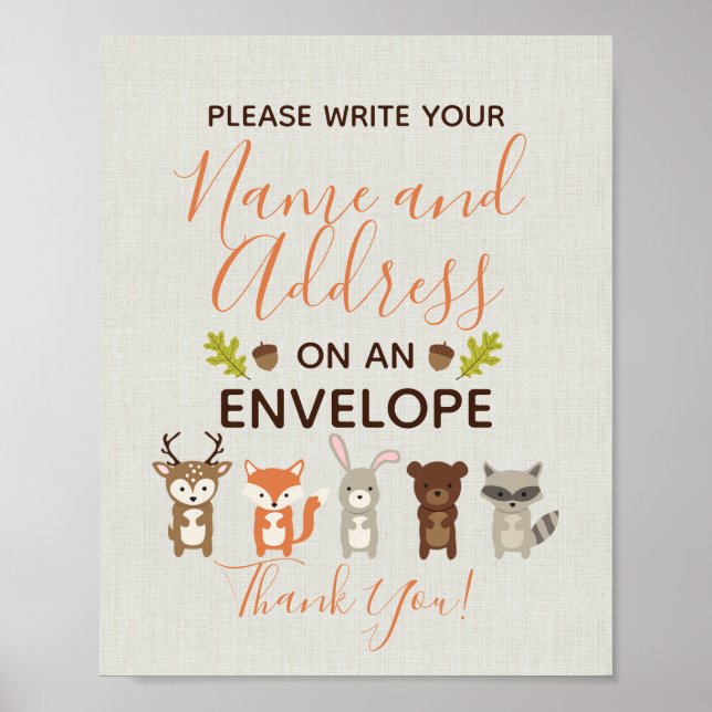 Poster Panneau d'adresse de retour du Baby shower Woodlan (Devant)