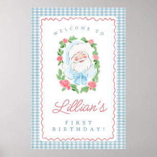Poster Panneau d'anniversaire de Santa avec Gingham Bleu