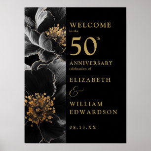 Poster Panneau d'anniversaire floral chic noir et or