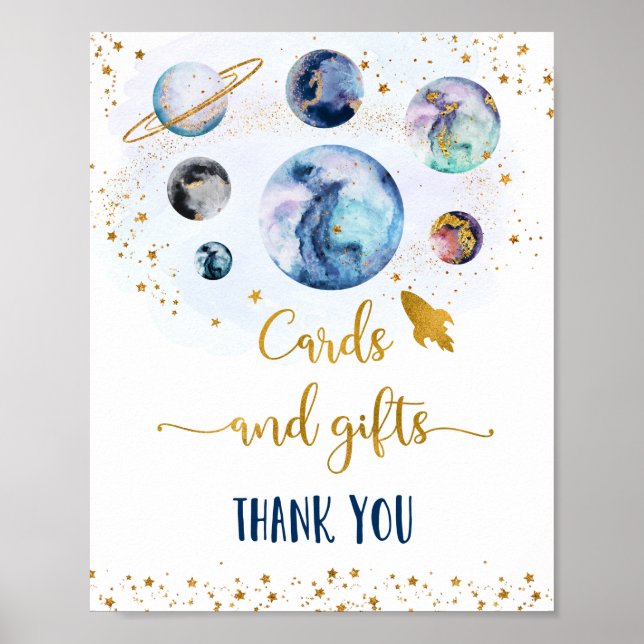 Poster Panneau d'anniversaire Galaxy Blue Gold Cartes et  (Devant)