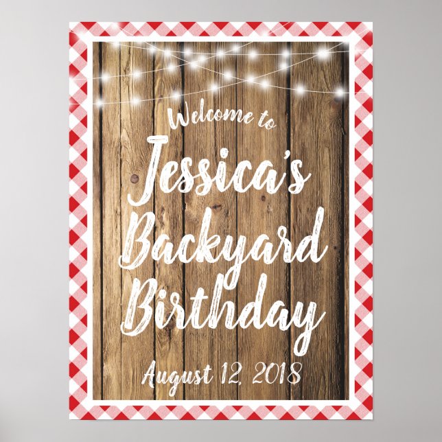 Poster Panneau d'anniversaire Red En vichy Rustic Wood Ja (Devant)