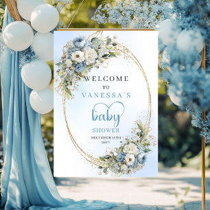 Poster Panneau de Baby Shower à l'aquarelle Fleurs Bleu P