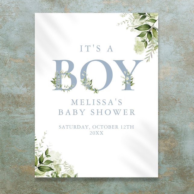 Poster Panneau de Baby shower Bleu A Boy Greenery (Its A Boy Greenery Blue Baby Shower Sign)