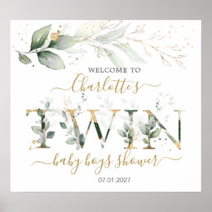 Poster Panneau de Baby shower de bienvenue Twin Boys Gree